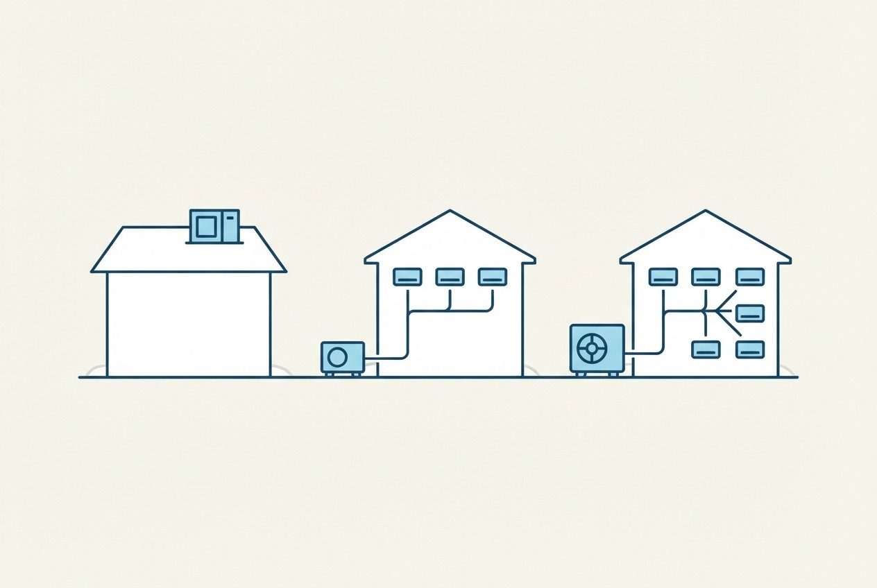 Three building outlines each served by a different kind of cooling equipment