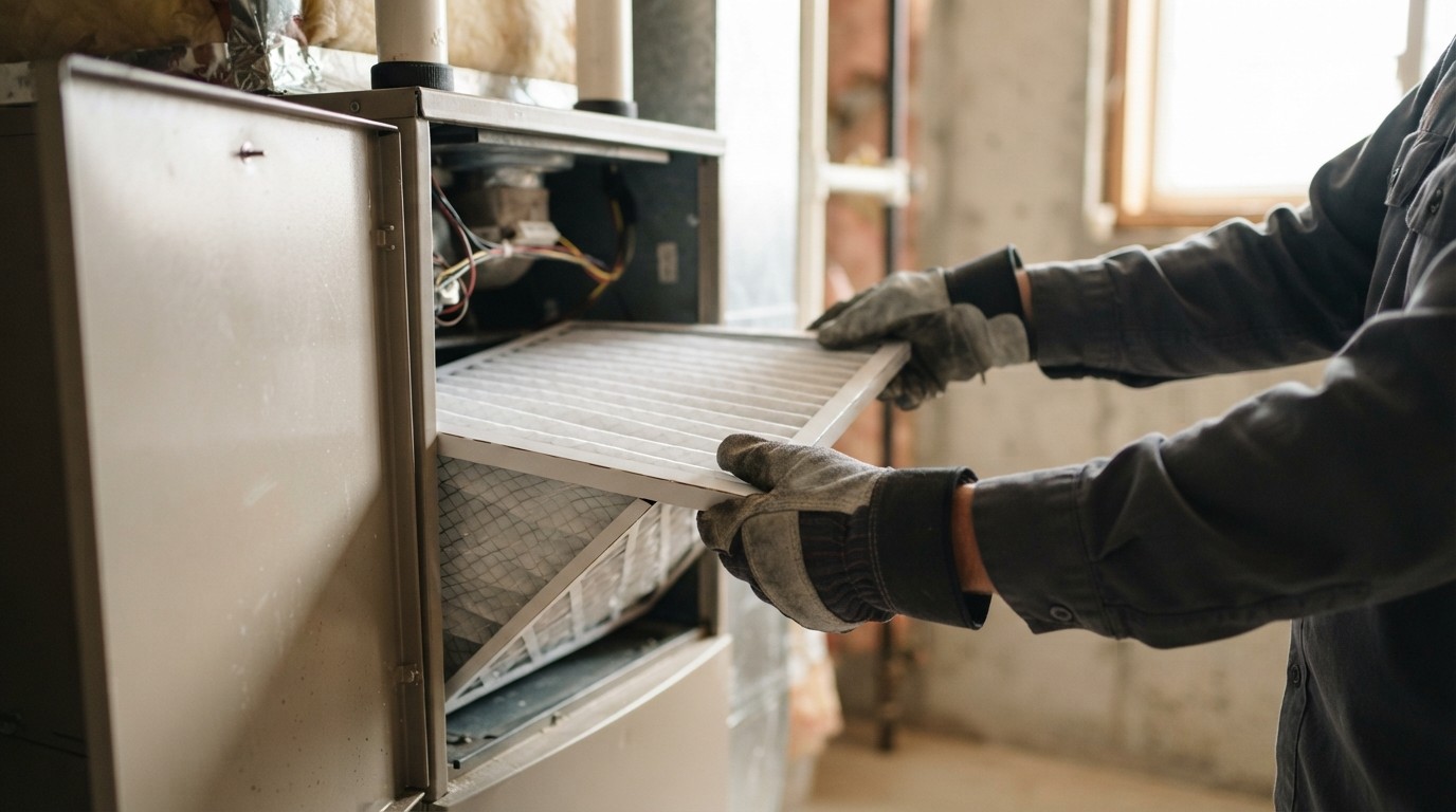 Technician's gloved hands holding a clean air filter beside a unit panel
