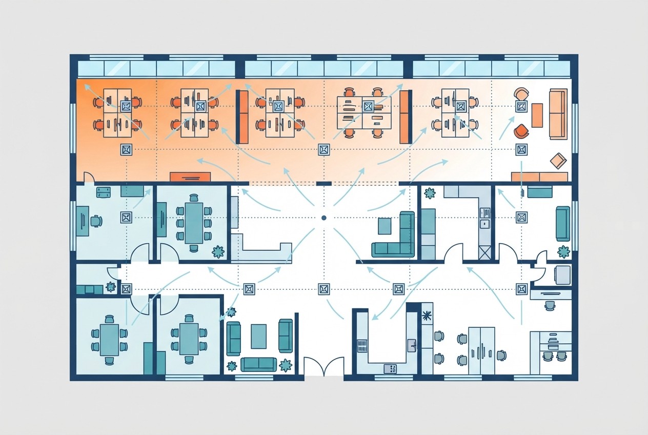 Floor plan with warm and cool zones and one thermostat placed in the middle