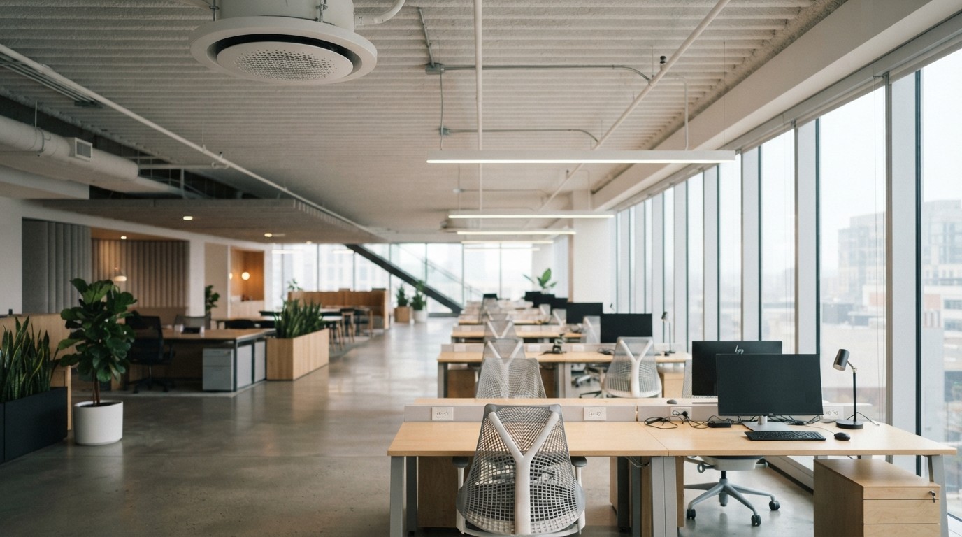 Open-plan office with sunlit windows and a ceiling air diffuser