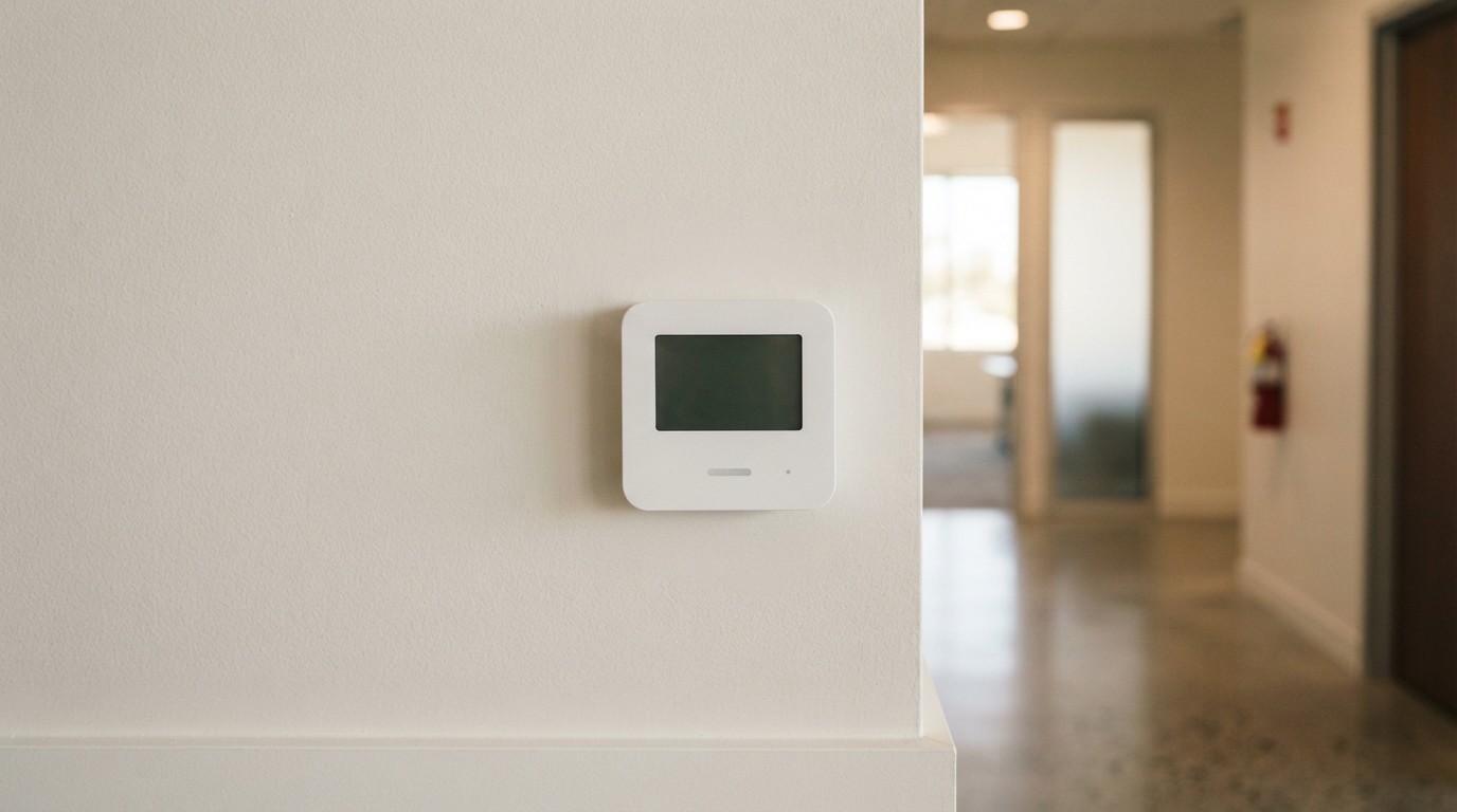 Wall-mounted digital thermostat in a bright small office corridor